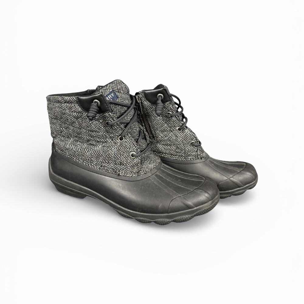 Sperry Saltwater Boots Women’s 8.5M Gray Herringbone Waterproof Rubber Lace Up